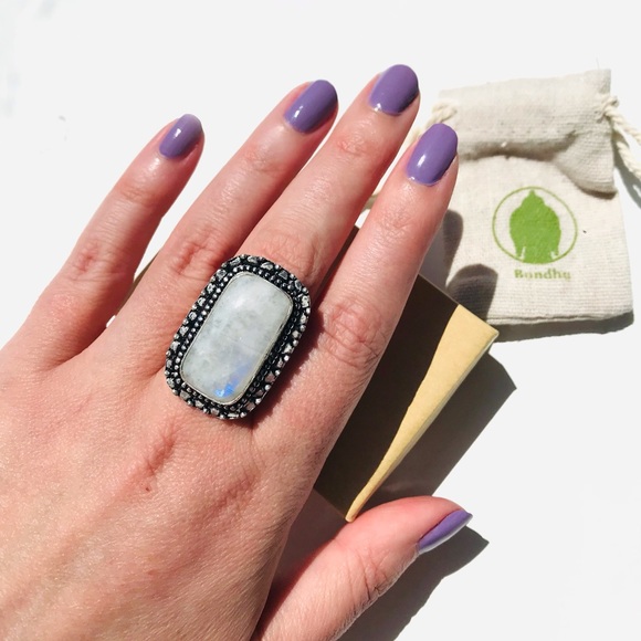 Rainbow Moonstone gem stone crystal rectangular Ring sterling silver 925 Size 7 - Picture 2 of 7